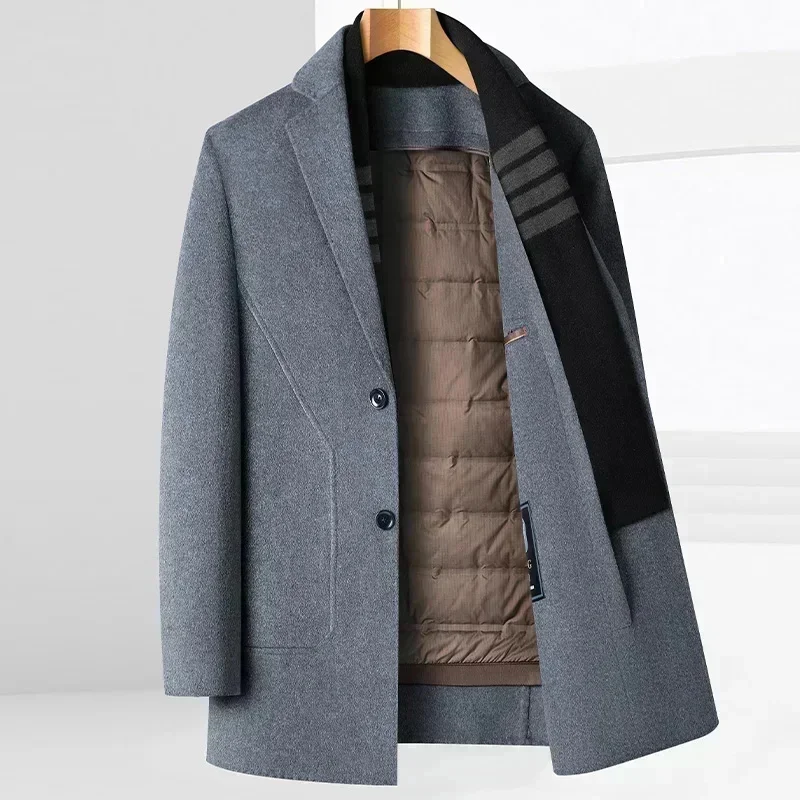 

Woolen Coat Men's Wool Autumn and Winter Mid-Length Plus Velvet Thickened Windbreaker Goose Down Lining Removable