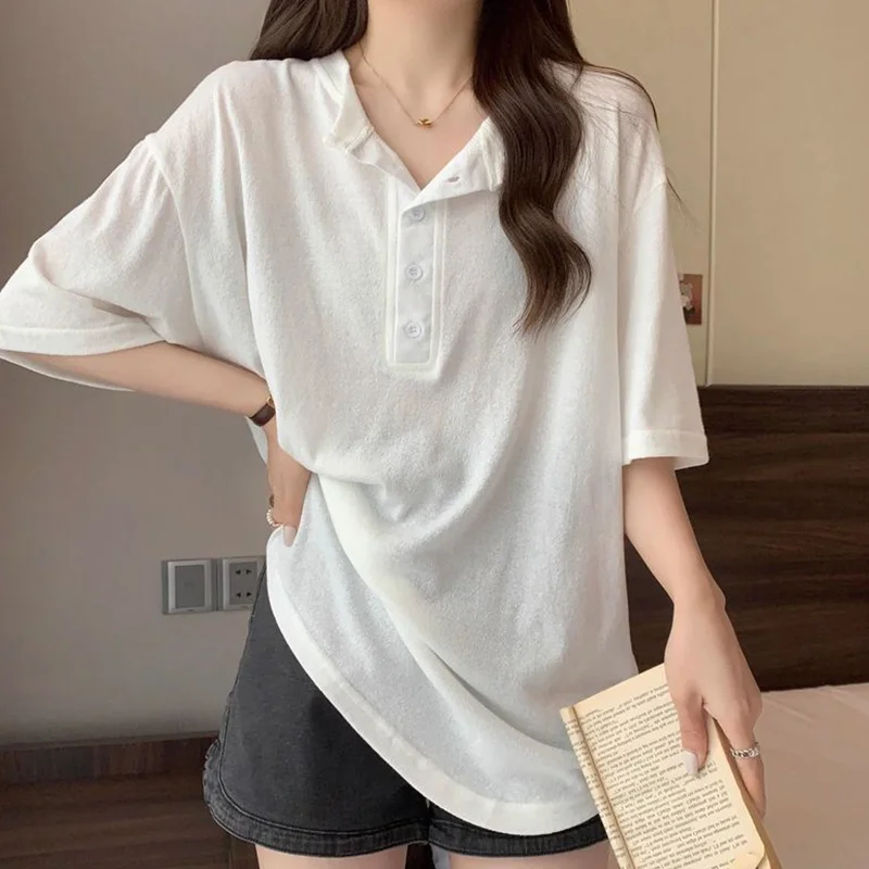 

plus Size 300 Pounds Pure Color Casual Sport Style V-Neck Short Sleeve T-Shirt Women's Mid-Length Cover-Up Top Summer