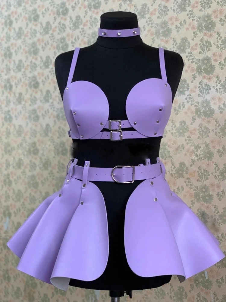 Concert Damen BH mit PU-Lederriemen, Space Dance Kostüm, Cosplay, einfarbig, mit Hosenträgern, Gothic, Rüschen-Hosenträger-Set – Detail 3