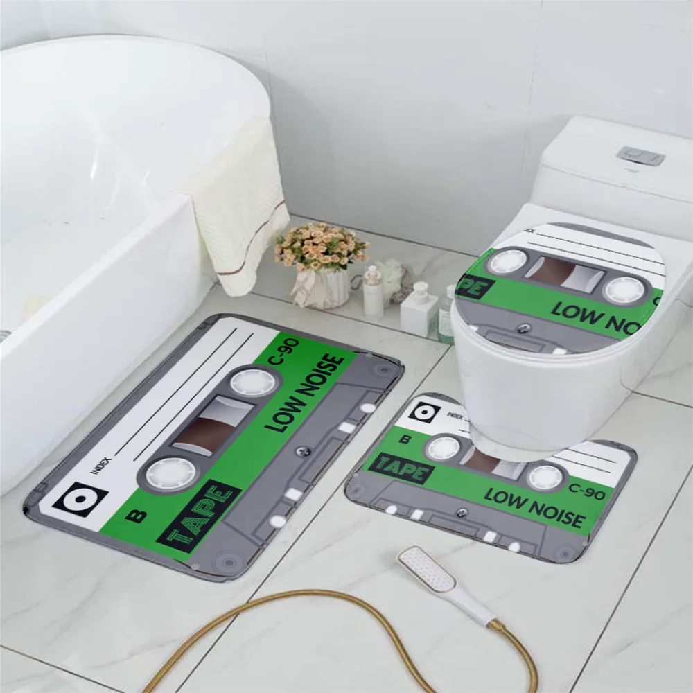 Bathroom Non-Slip Mat Toilet Cover Set Cassette Music Tape Retro Shower Room Flannel Carpet Bath Entrance Waterproof Door Mat