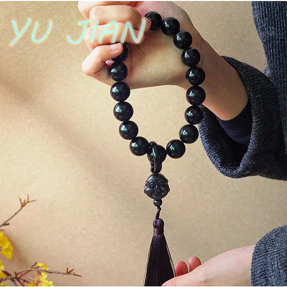 Newest Natural Crystal Obsidian Wenwan Men's Women's Retro Handheld Bracelet Bangle Rare Jade Handring Fine Jewelry