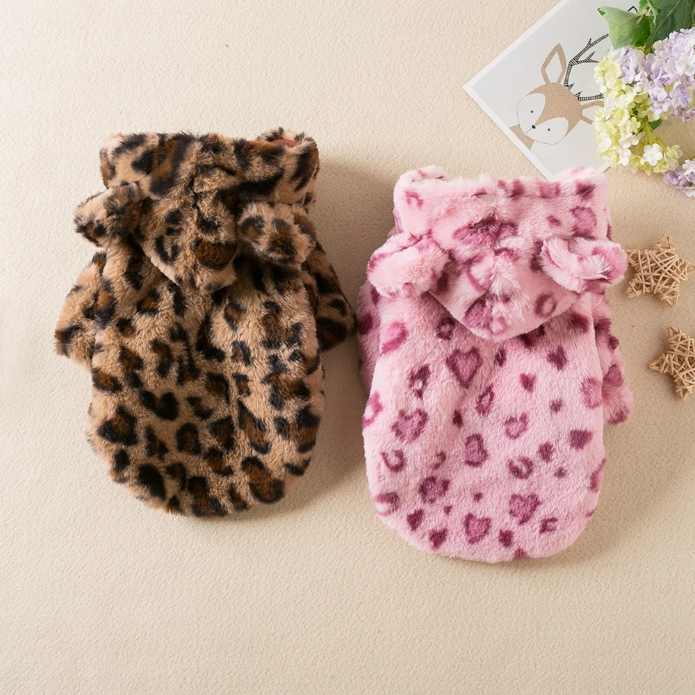 Leopard Print Dog Coat Winter Warm Dog Clothes Pet Thicken Windproof Hoodie Jacket Doggy Thermal Coat Puppy Outfits Cat Apparels