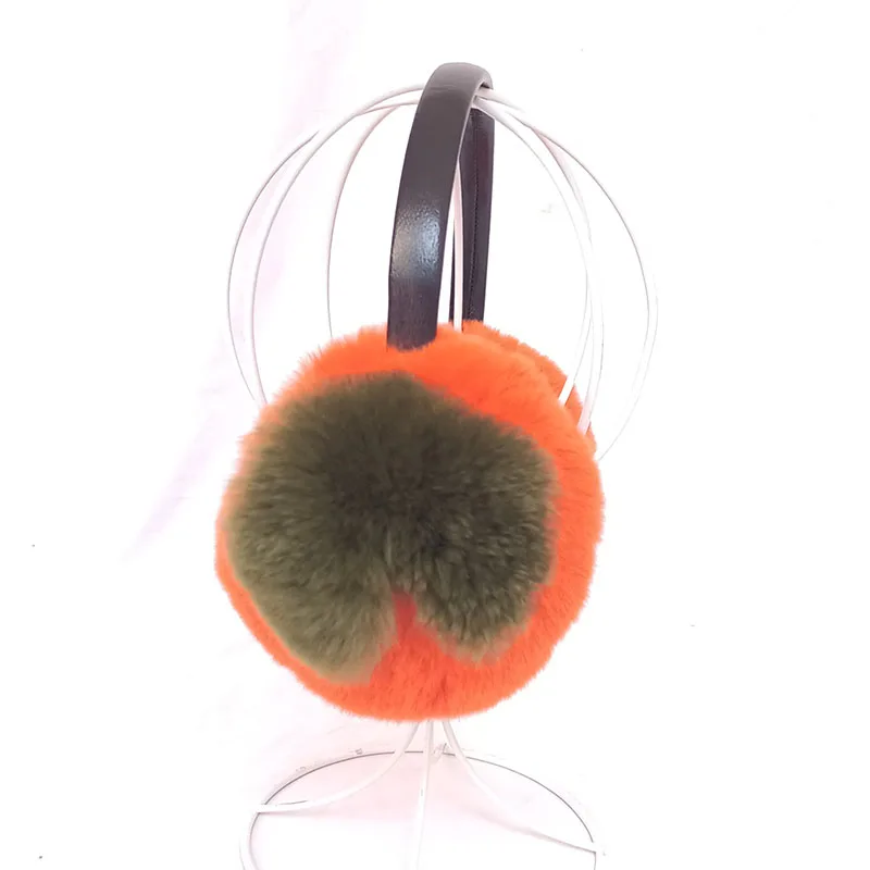 Women Cute persimmon Real Rabbit Fur Earcap Fashion Warm Orange Winter Lovely  Genuine Rex Rabbit Fur Earmuff