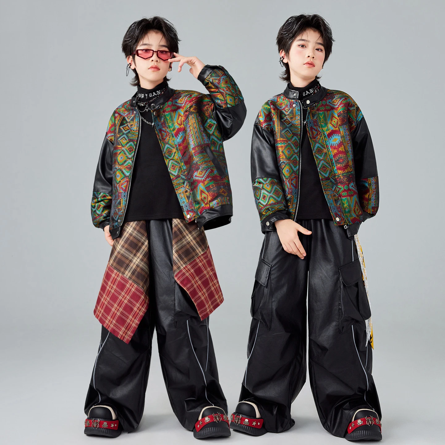 冬子供社交ダンススーツパターンコート革パンツ女の子のためのジャズダンス衣装男の子ヒップホップ服 XS10772