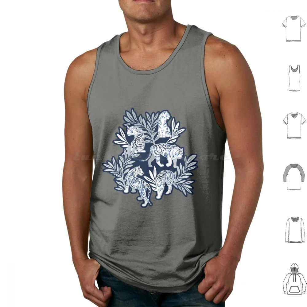 Nouveau White Tigers Navy Blue Background Metal Silver Leaves And Lines White Animals Tank Tops Vest Sleeveless Tiger