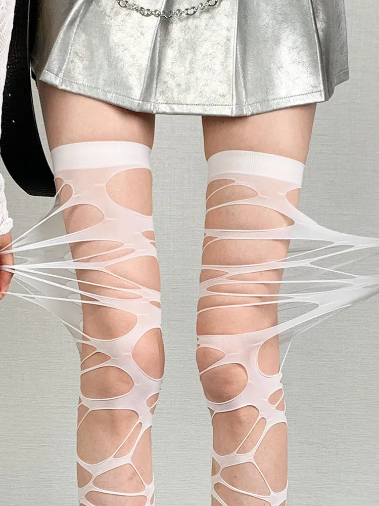 Women Ripped Fishnet Thigh High Stockings Black White Cutout Over Knee Long Socks Stretch Y2K Punk Party Club Streetwear Outfits