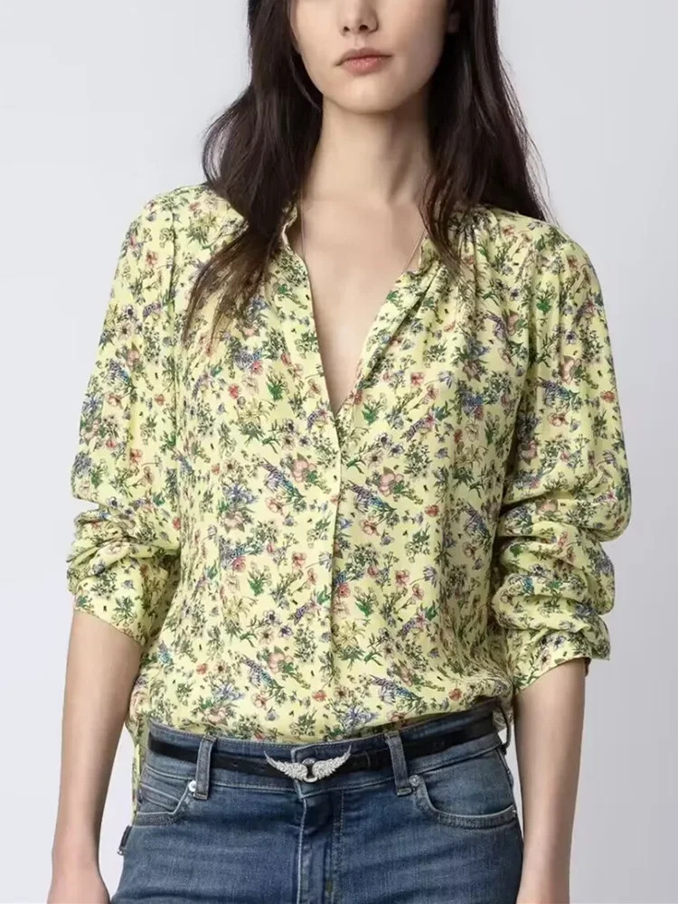 Spring 2024 Women's 100% Viscose Blouse Floral Letter Printed Yellow Chemise V-neck Long Sleeve Female Vintage Shirt