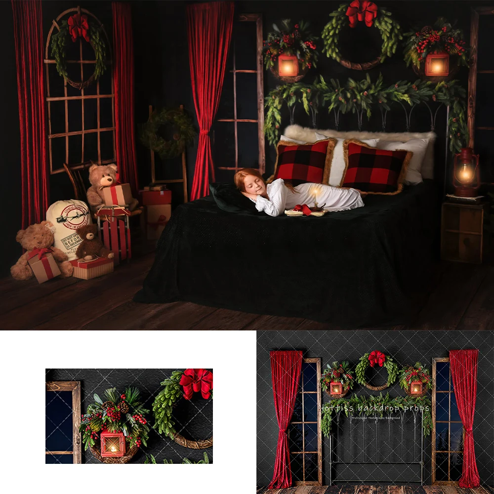 Fondos de cabecera de cama oscura de Navidad fotografía familiar para niños cortinas rojas lámpara de corona fondos de Navidad