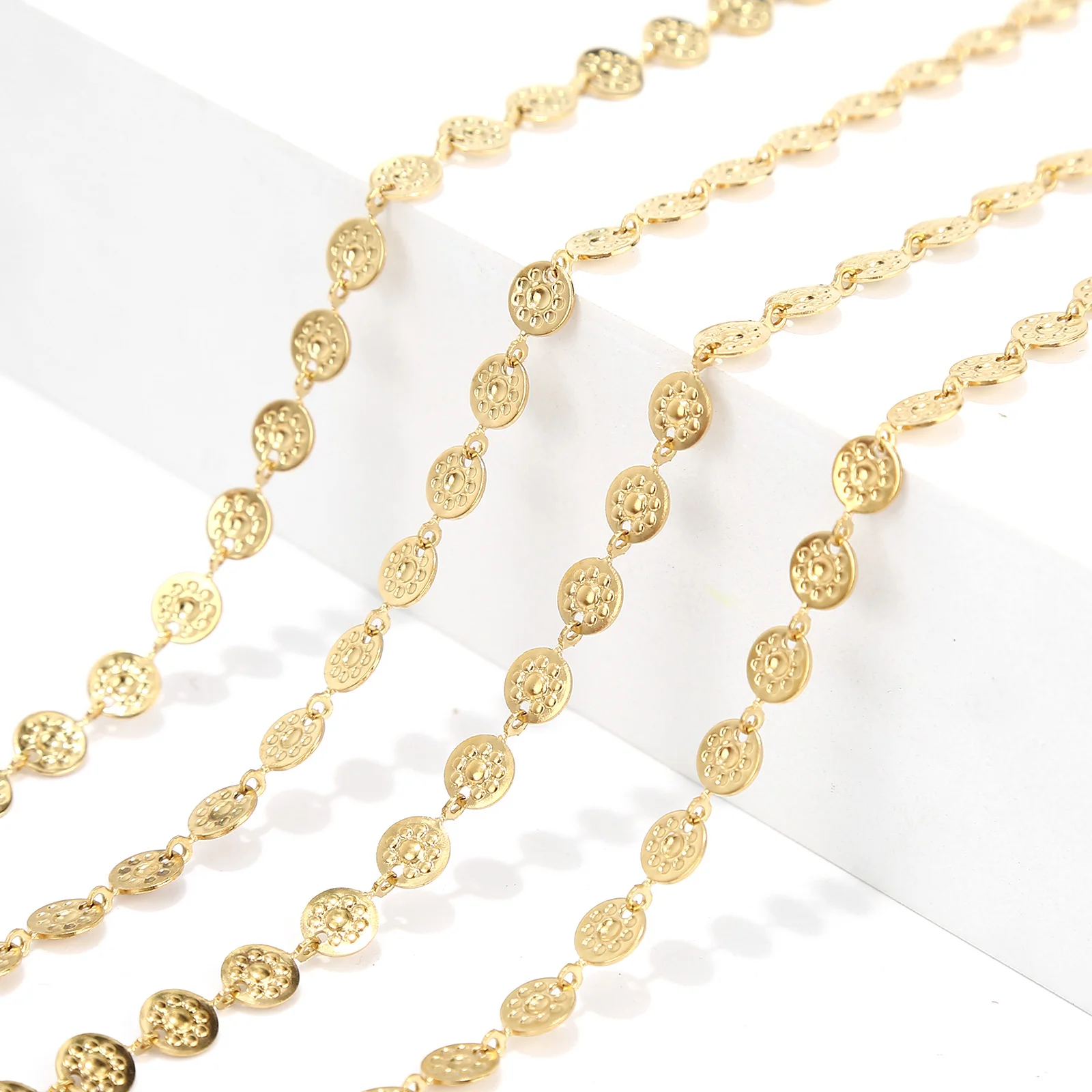 1Meter/2Meters Stainless Steel Chains Gold Color Embossing Round Flower Chains for Necklace Bracelet Jewelry Making DIY Findings