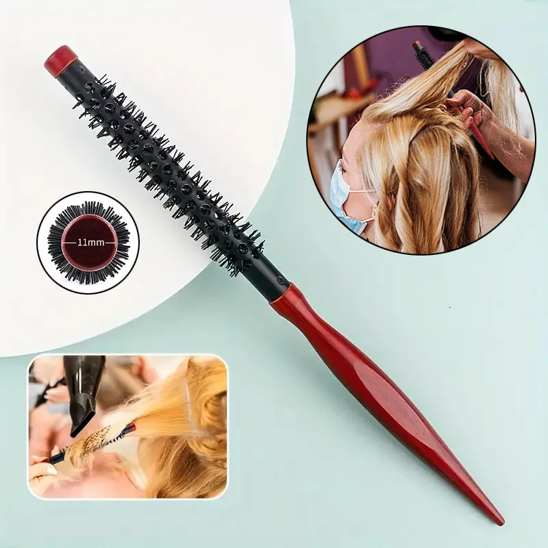 Wooden Hair Roller Comb Mini Round Wood Brush Roller Quiff Hairdressing Combs Fluffy Hairdressing Comb for Hair Bangs Curling