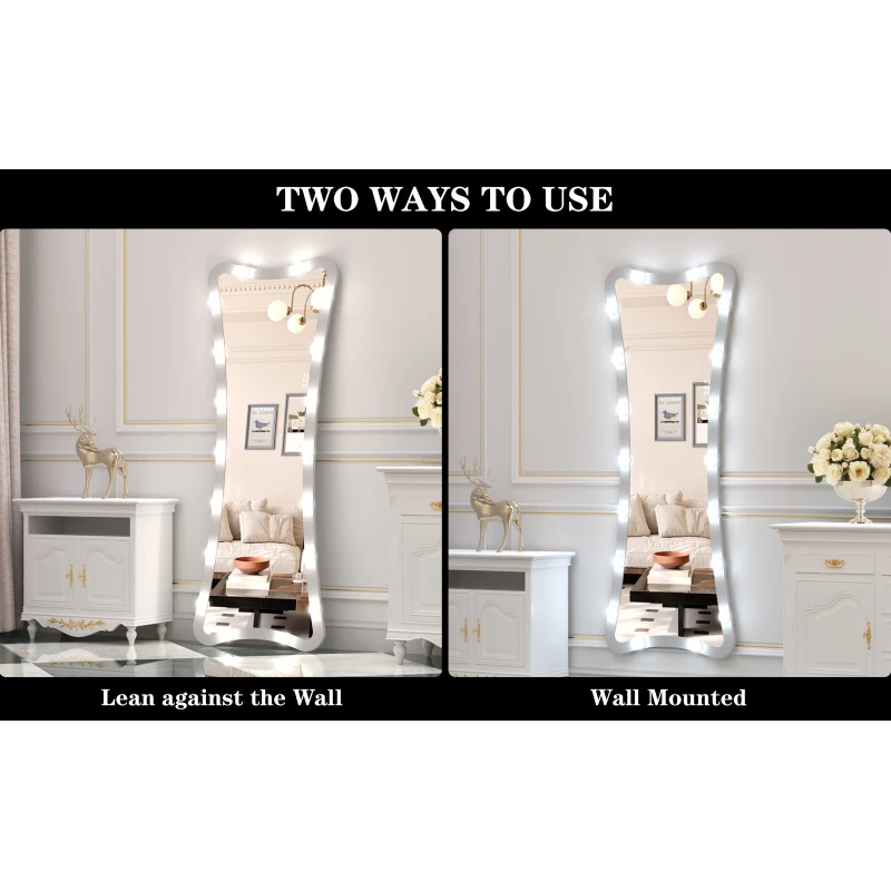 กระจกเงาเต็มตัวฮอลลีวู้ดพร้อมไฟ กระจกโต๊ะเครื่องแป้งเต็มตัวพร้อมโหมดสี 3 สี กระจกตั้งพื้นแบบมีไฟสําหรับการแต่งตัว R
