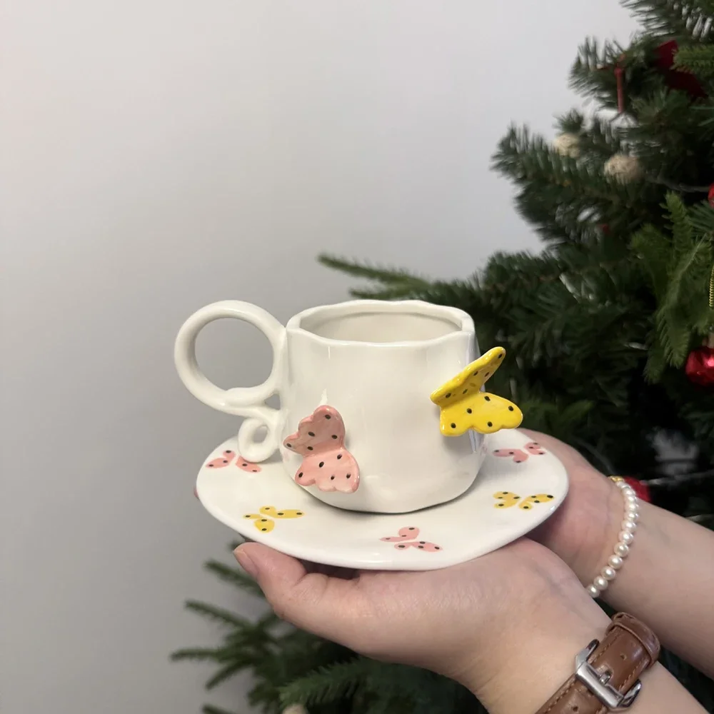 Relief Butterfly Ceramic Cup Saucer Set Coffee Mug Floral Heart Underglaze Color Exquisite Dessert Dish Home Afternoon Tea Cups