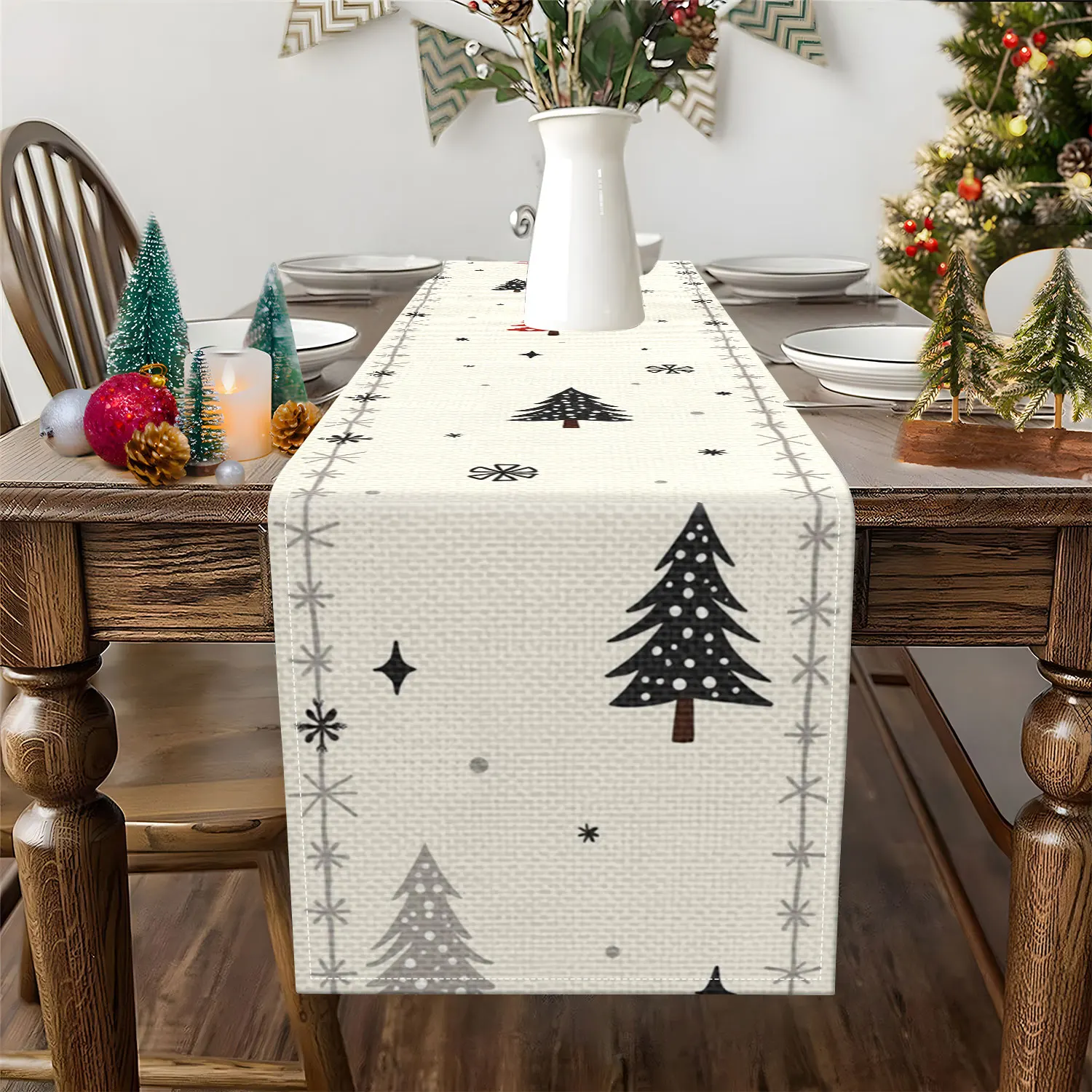 1Pc Christmas Themed Table Runner, Featuring Christmas Tree and Snowflake Patterns, Suitable for Christmas Parties, Holiday Home Decoration