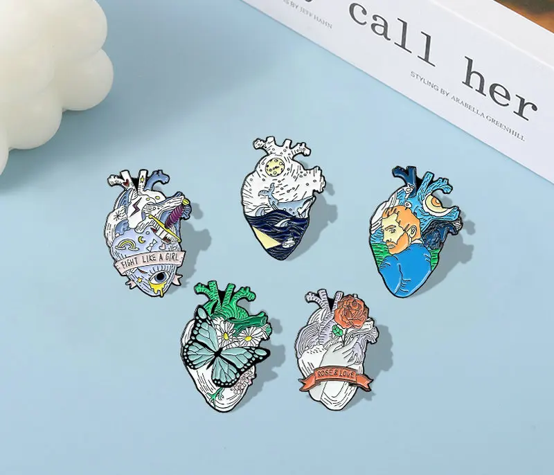 Pins Custom Van Gogh Space Ocean Whale Rose Girl Brooch Lapel Pin Shirt Bag Badge Jewelry Gift for Friends Heart Shape Enamel