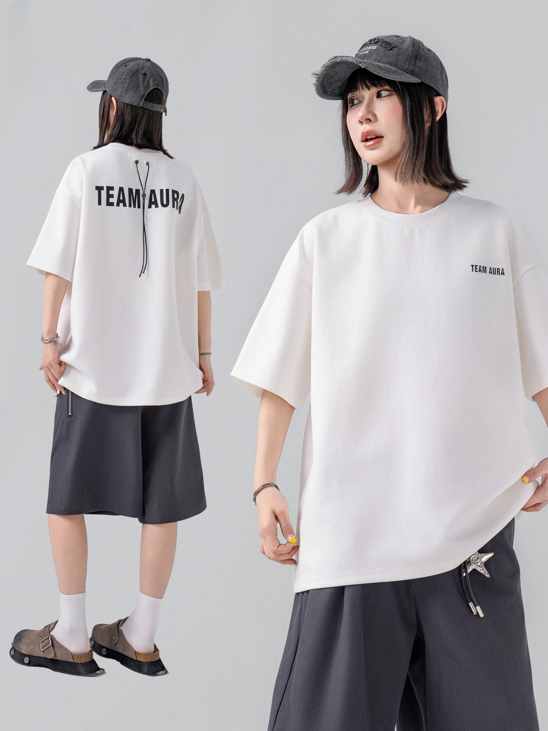 Loose Fit Printed T-Shirt Men's Back Drawstring Design Short Sleeve Casual Top Unisex Summer Fashion High End Feeling Shirt