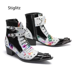 Doppels chnalle Graffiti Herren stiefel Metall spitze Zehen Stiefeletten für Männer Echt leder Patchwork Business Schuhe mit Absätzen