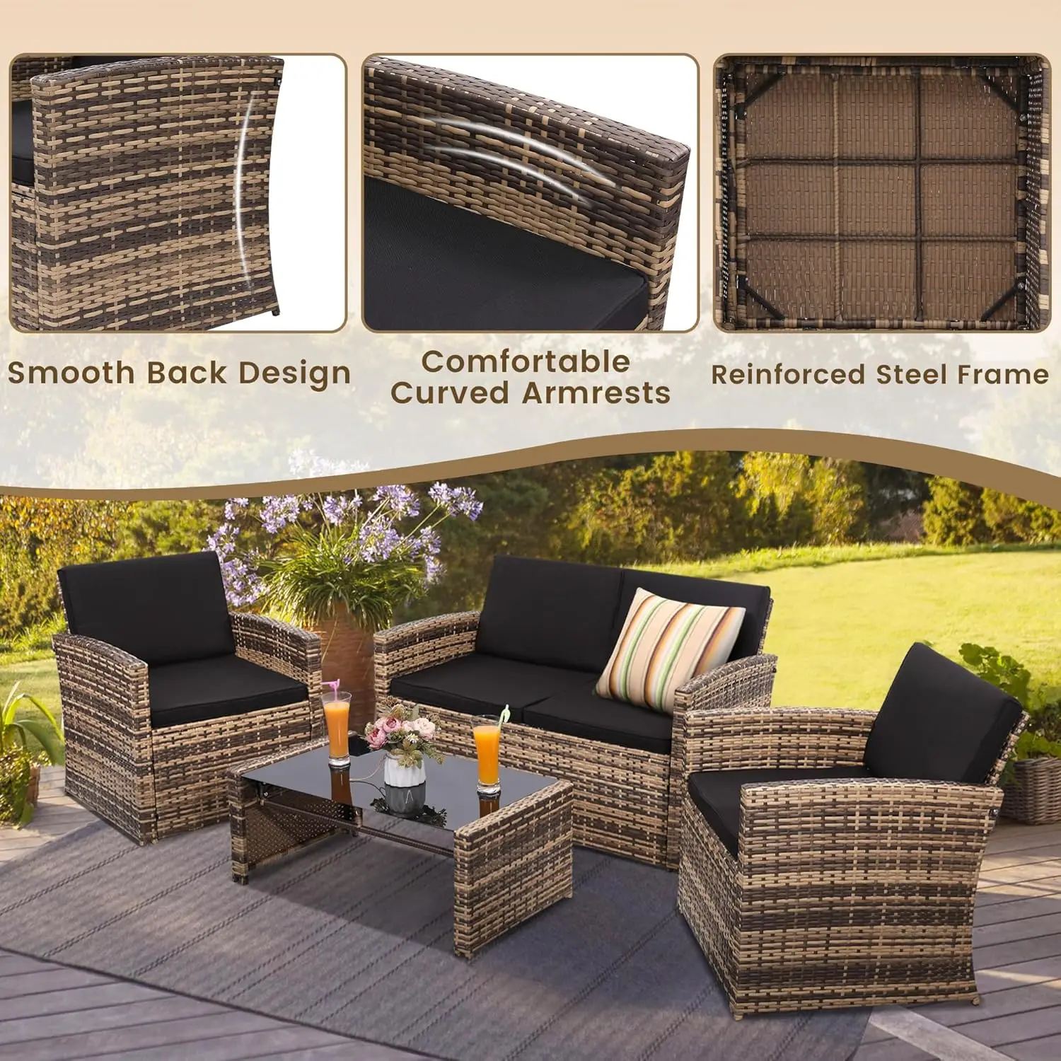 4 Pieces Patio Conversation Set Outside Rattan Sectional Sofa Cushioned Furniture Set Wicker Sofa Ideal for Garden Porch