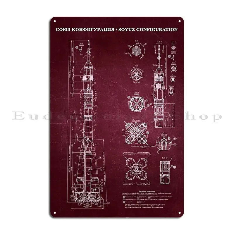 Soyuz Blueprint In High Resolution Red Metal Signs Garage Create Wall Decor Wall Decor Wall Decor Tin Sign Poster