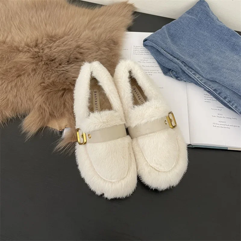 

Elegant Shoes Woman Flats Modis Loafers Fur Casual Female Sneakers Round Toe Autumn Dress New Winter Fall Solid Leisure Bas