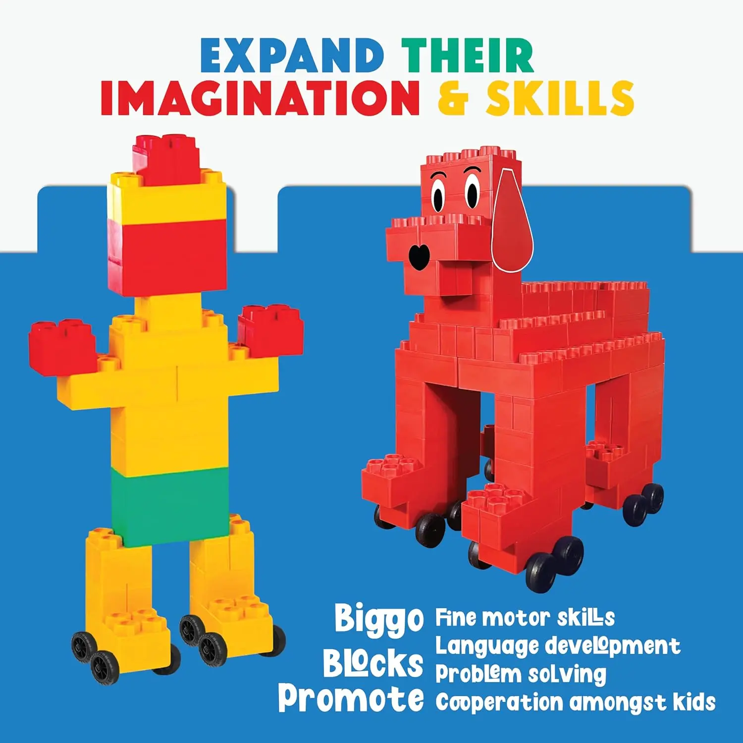 Blocos de construção grandes - Blocos e rodas - Crianças e crianças de 4 a 8 anos - Grandes jogos internos e externos - Conjunto de rodas de 5 unidades