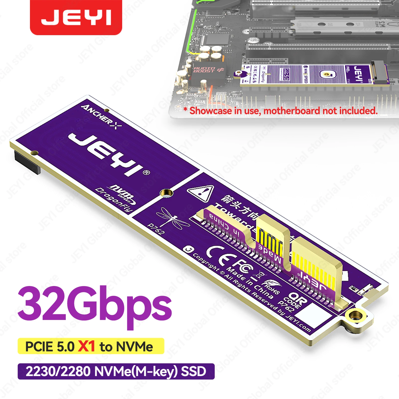 JEYI Flat PCIe 5.0 X4 naar NVMe Adapterkaart 32Gbps voor M2 2230/2280 NVMe SSD Geen GPU-obstructie PCIe X16/X8/X4 Slot Plug & Play