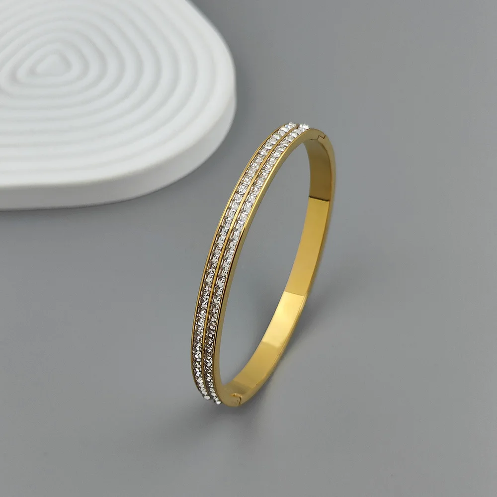 

New stainless steel double row zircon gold-plated bracelet, classic O-shaped silver bracelet for women, wedding party jewelry