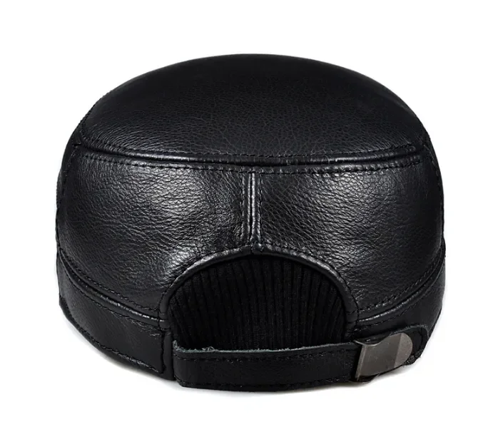 Winter Genuine Leather Cap Men's Flat Caps Military Hat Elegant Man Baseball Cap British Vintage Cowhide Ear Warm Hat