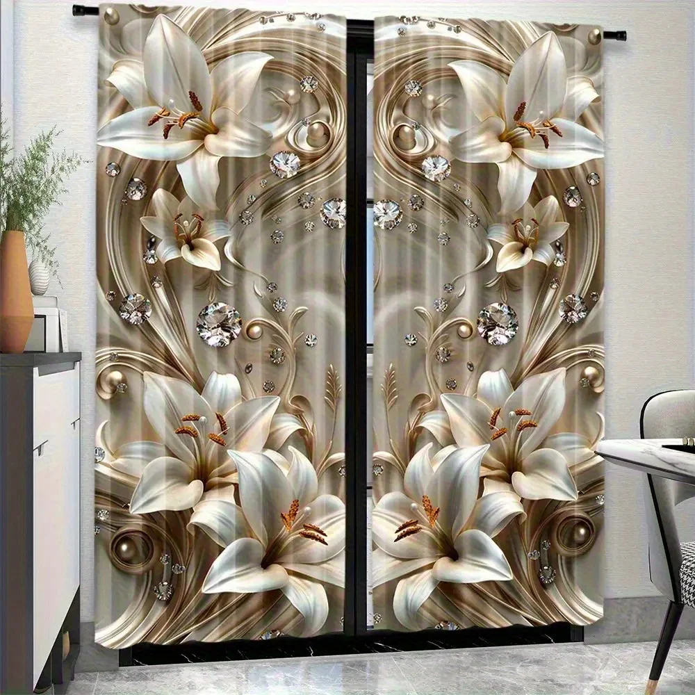2 Pcs Elegant 3D Lily Curtains – Modern Sheer Window Treatment with Rod Pocket for Bedroom Living Room Kitchen Office All Rooms