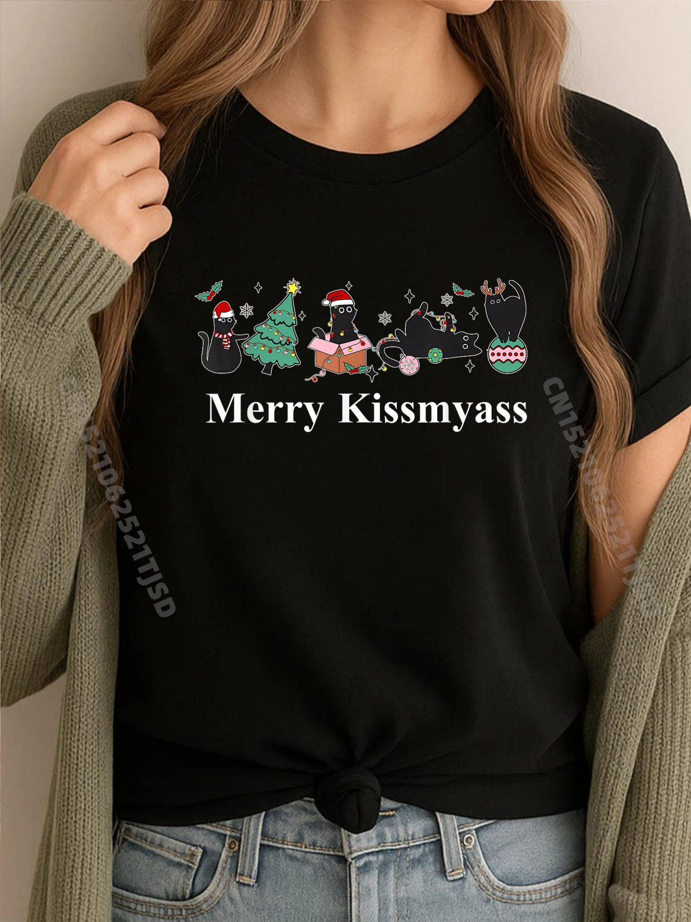

Рождественские огни Merry Kissmyass Cat, рождественские подарки для любителей кошек, Camisas Basicas Hombre, унисекс, забавные подарки для семьи