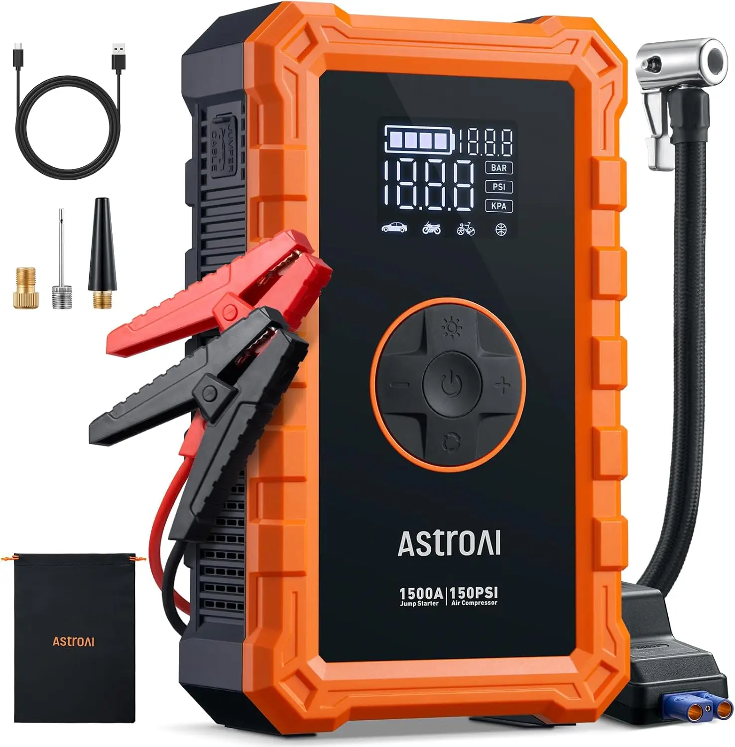 

1500A Peak Car Battery Jump Starter Portable (6.0 Gas/3.0L Diesel) with 150, 12V Battery Charger Booster(Orange)