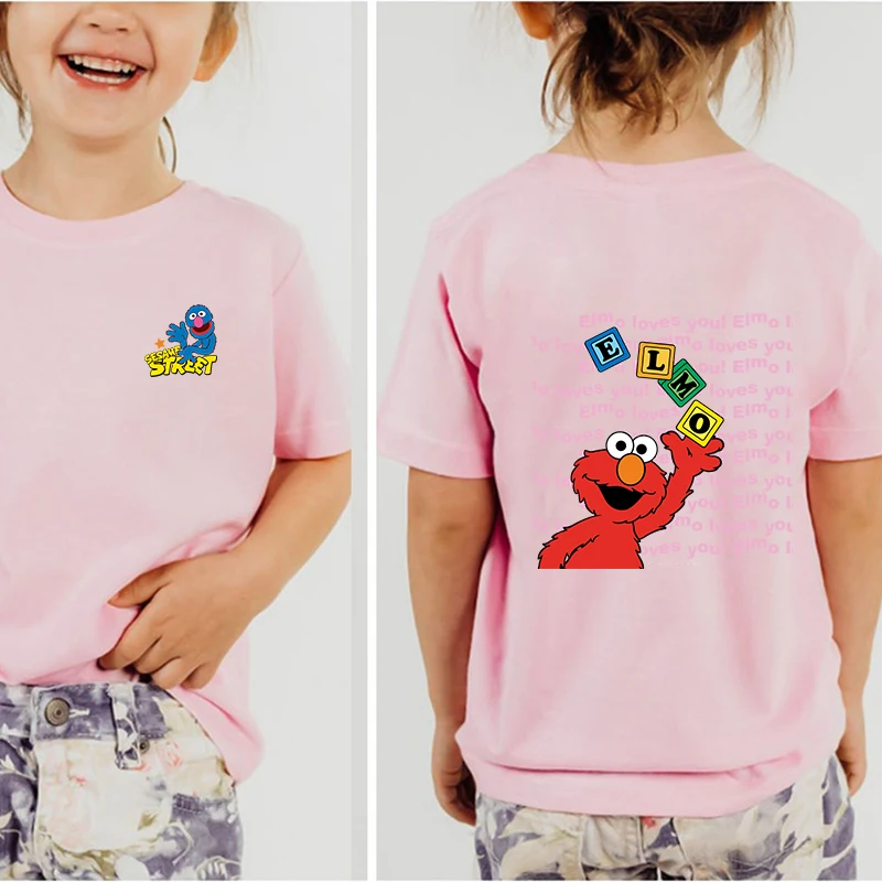 Sesame Street Printed Kids T-shirt Summer Children's Cotton Short Sleeve Suitable for Boys and Girls Pink Casual Tops