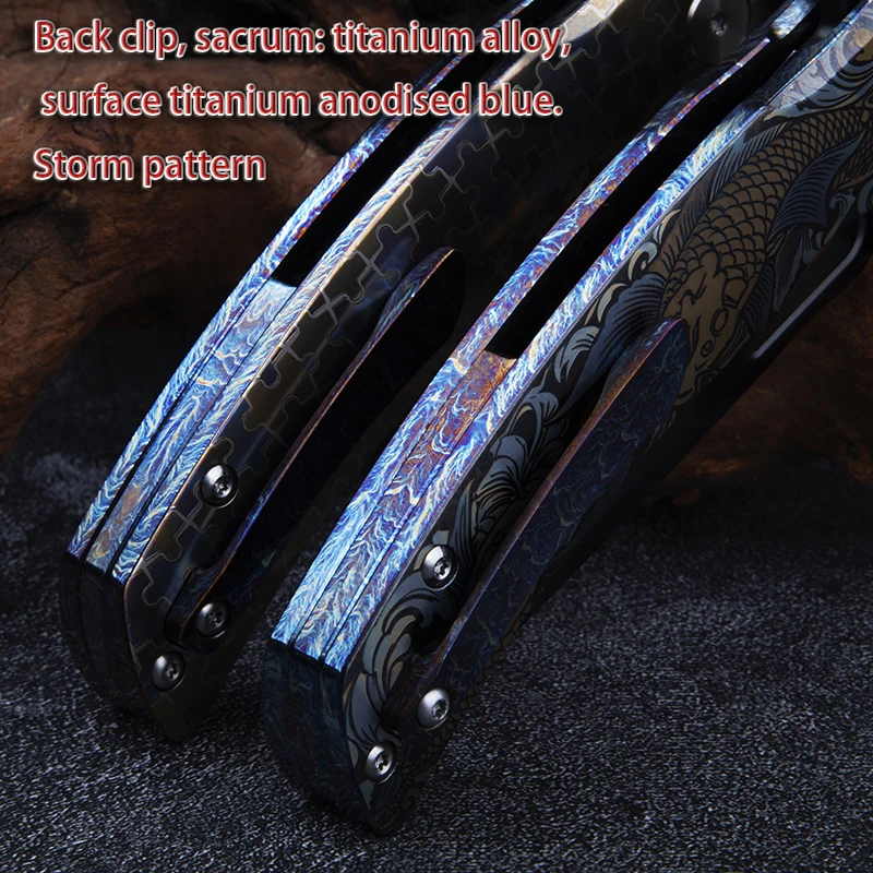 Premium M390 Titanium Folding Knife DLC Coated Blade Laser Engraved Koi Pattern Handle, Outdoor EDC Camping Collectible Gift. - view 6