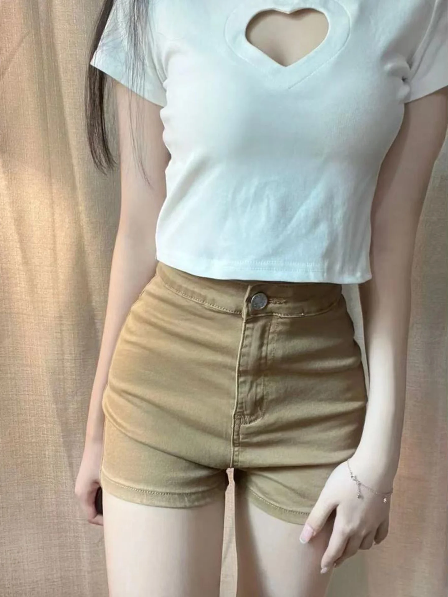 

Retro Khaki High Waist Denim Shorts Women's Summer New Elastic Slimming Straight Leg Retro Nostalgic Hot Pants Casual Style
