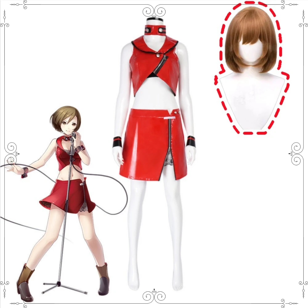 Costume cosplay Virtual Idol MEIKO, completo con top rosso e gonna corta con accessori, adatto per abbigliamento da spettacolo sul palco