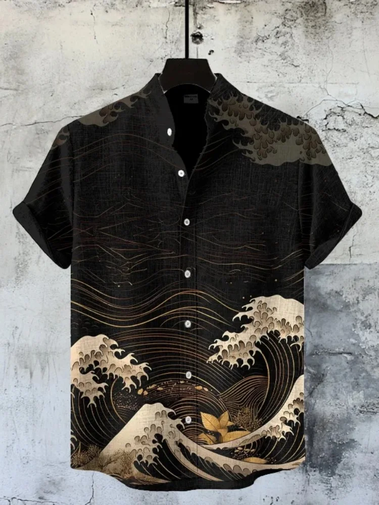 Men's Shirts Holiday Japanese Waves Ukiyo-e Art Print Fashion Black Shirt Casual Loose Summer Short Sleeve Button Up Man Clothes
