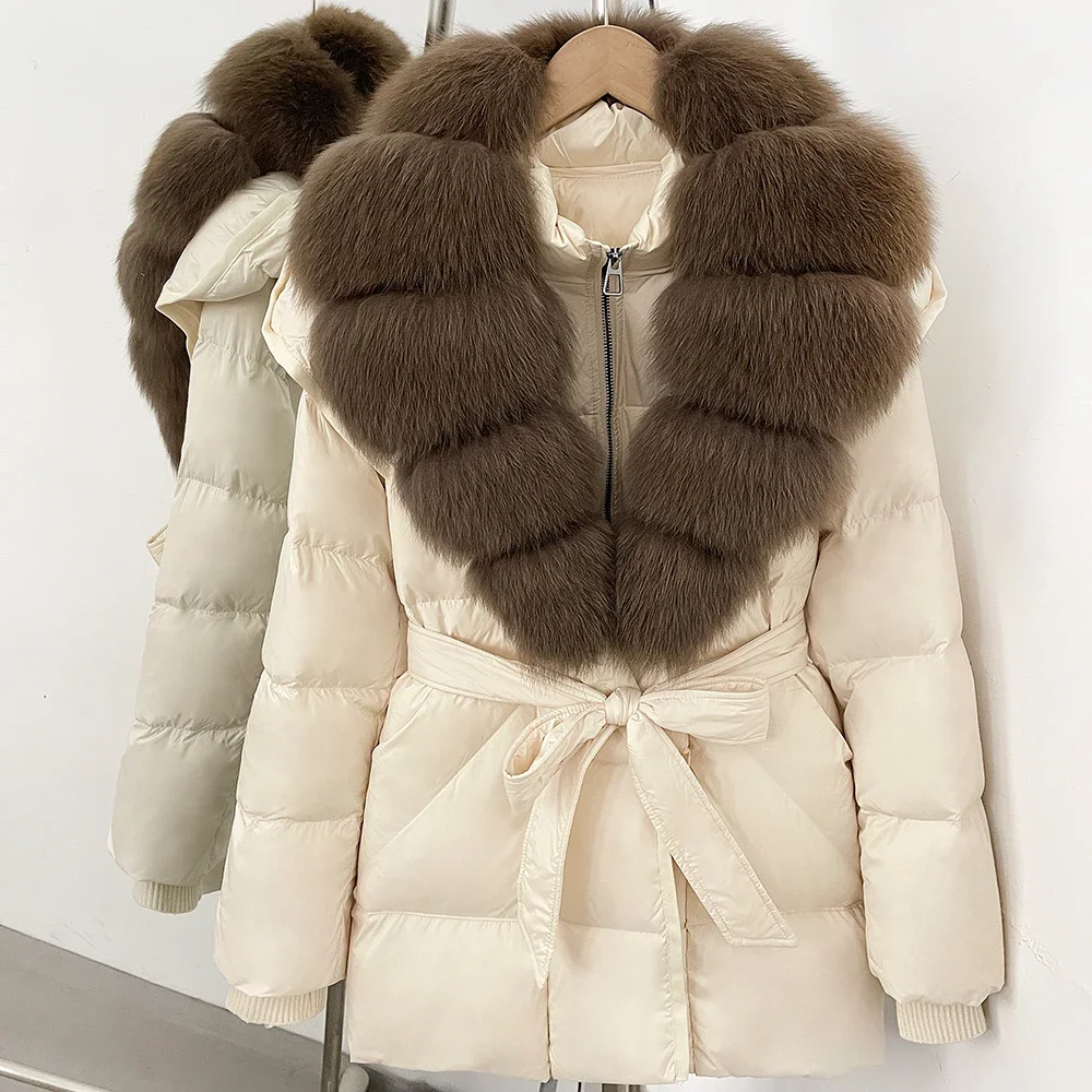 OFTBUY Große Jacke mit Kapuze und natürlichem Pelzkragen, mit echtem Fell, dicker Gürtel, Reißverschluss, Daunenjacke, Damen-Wintermantel – Detail 28