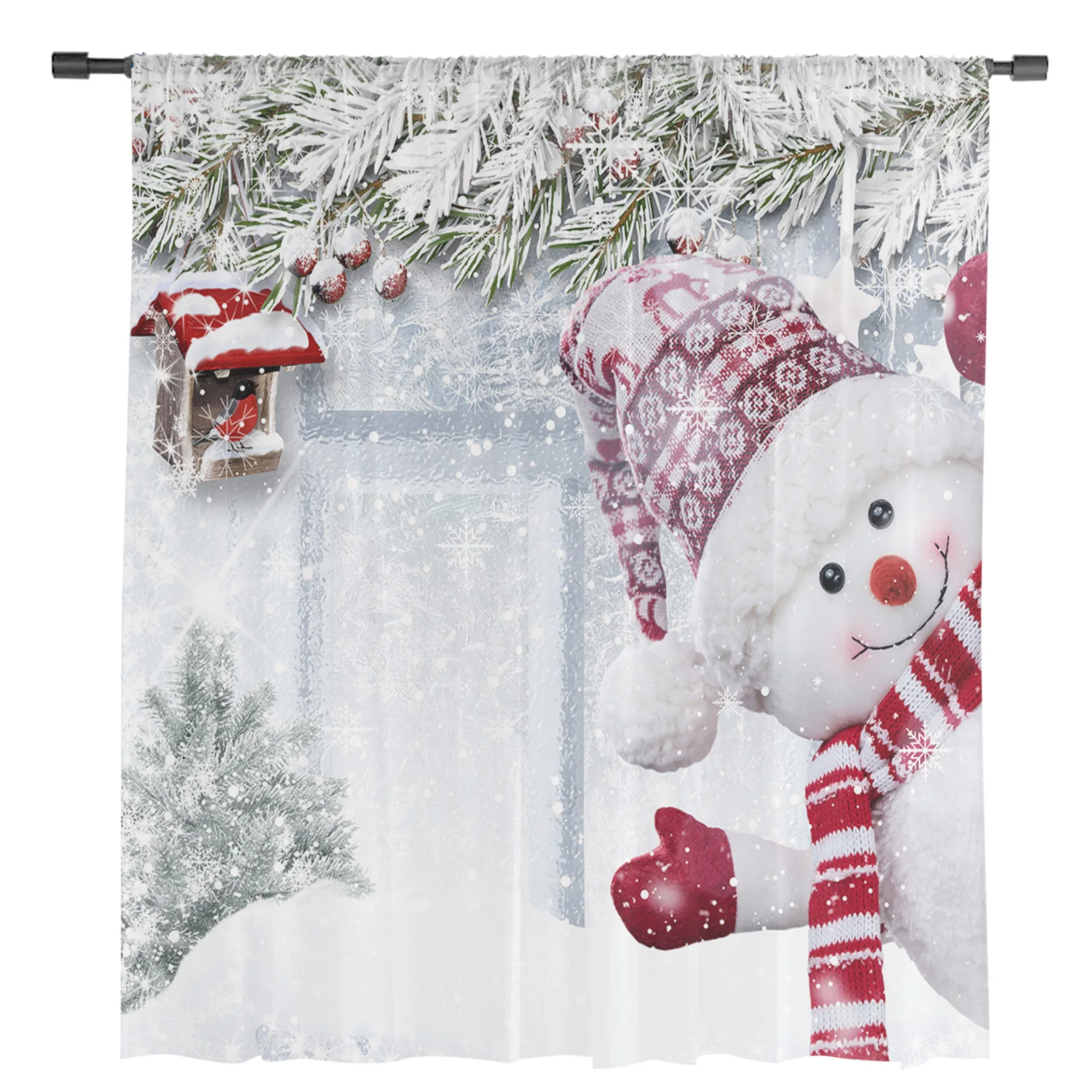 Christmas Winter Snow Scene Snowman Window Tulle Curtains for Living Room Kitchen Christmas Home Decor Sheer Voile Curtains