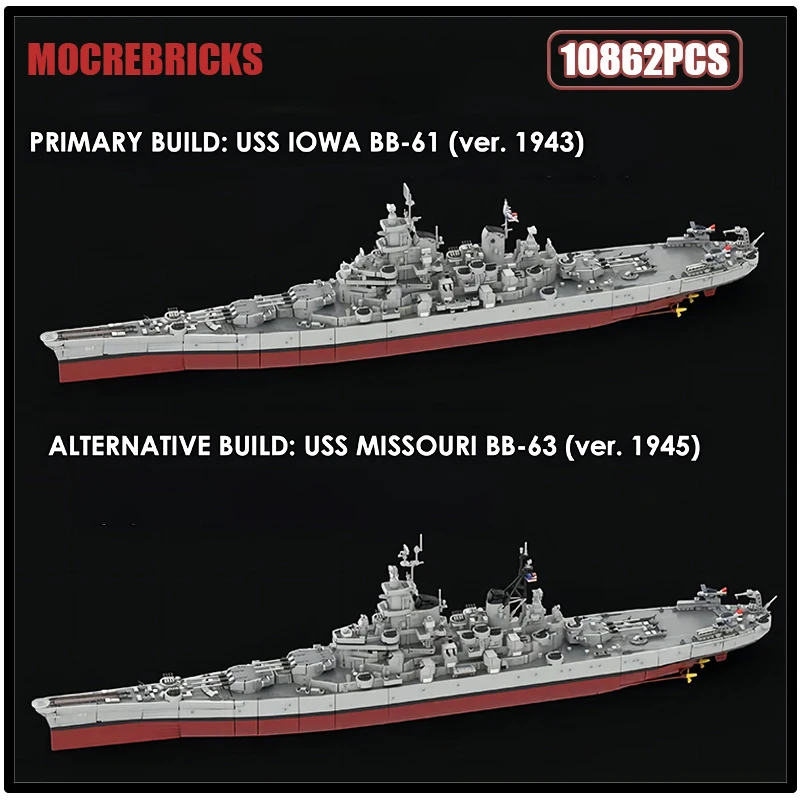 

WW2 High-tech Military Cruiser USS Lowa BB-61 And Missouri BB-63 Battleships MOC Building Blocks Model Kid's Toys Bricks Gifts