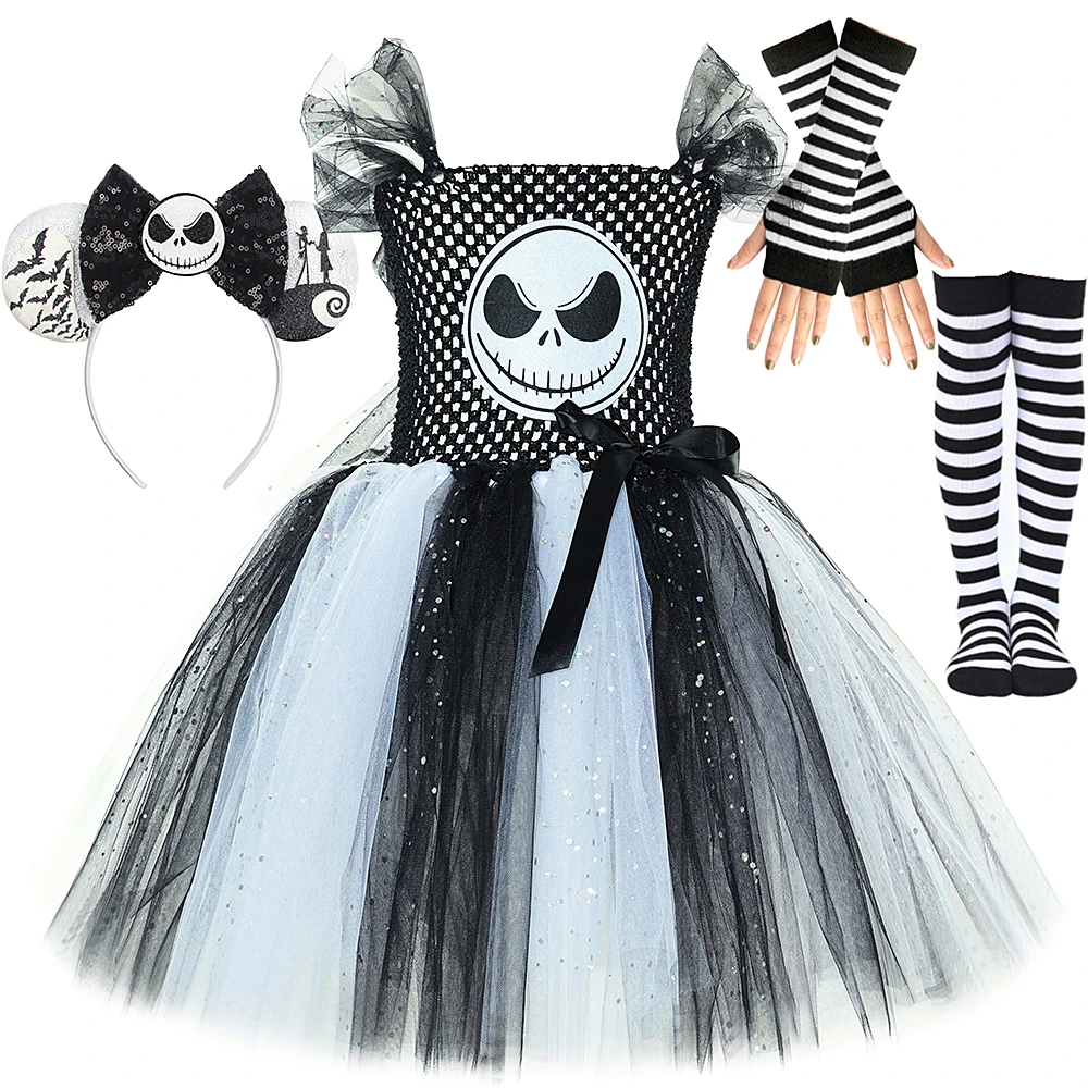 Disfraces de pesadilla antes de Navidad para niñas, vestido tutú elegante con esqueleto de Halloween para niños, trajes de miedo de fantasma blanco y negro