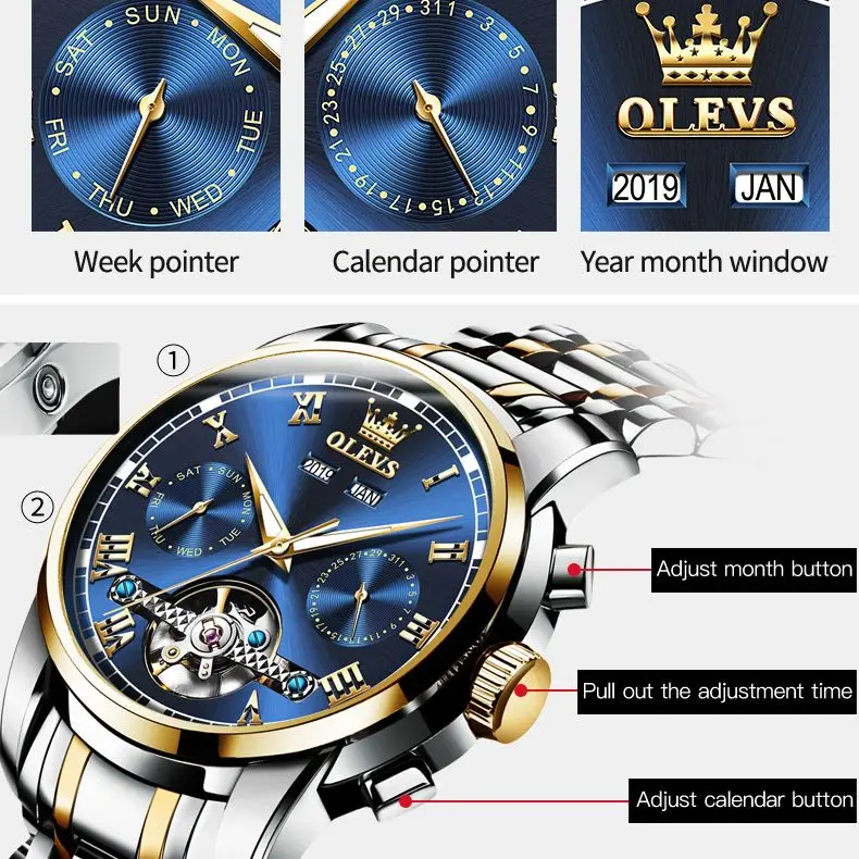 OLEVS Original Automatic Mechanical Watch for Men Stainless Steel Strap Tourbillon Skeleton Design Business TOP Brand Male Watch