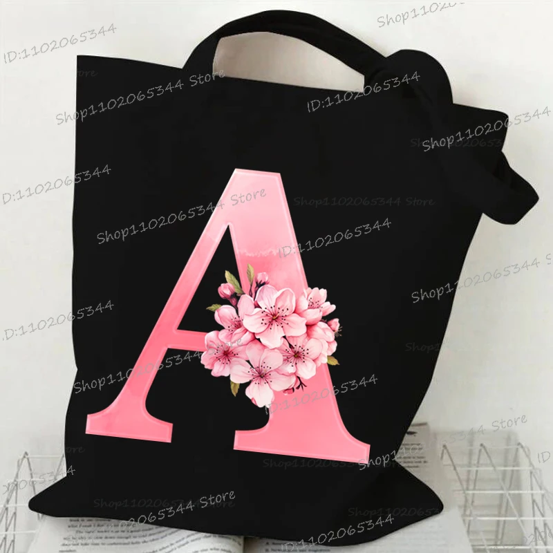 1pc Canvas Cherry Blossoms Shopping Bag Esthetics Sakura Alphabet A-Z Portable Shoulder Bag Trendy Floral Letter Women Handbags