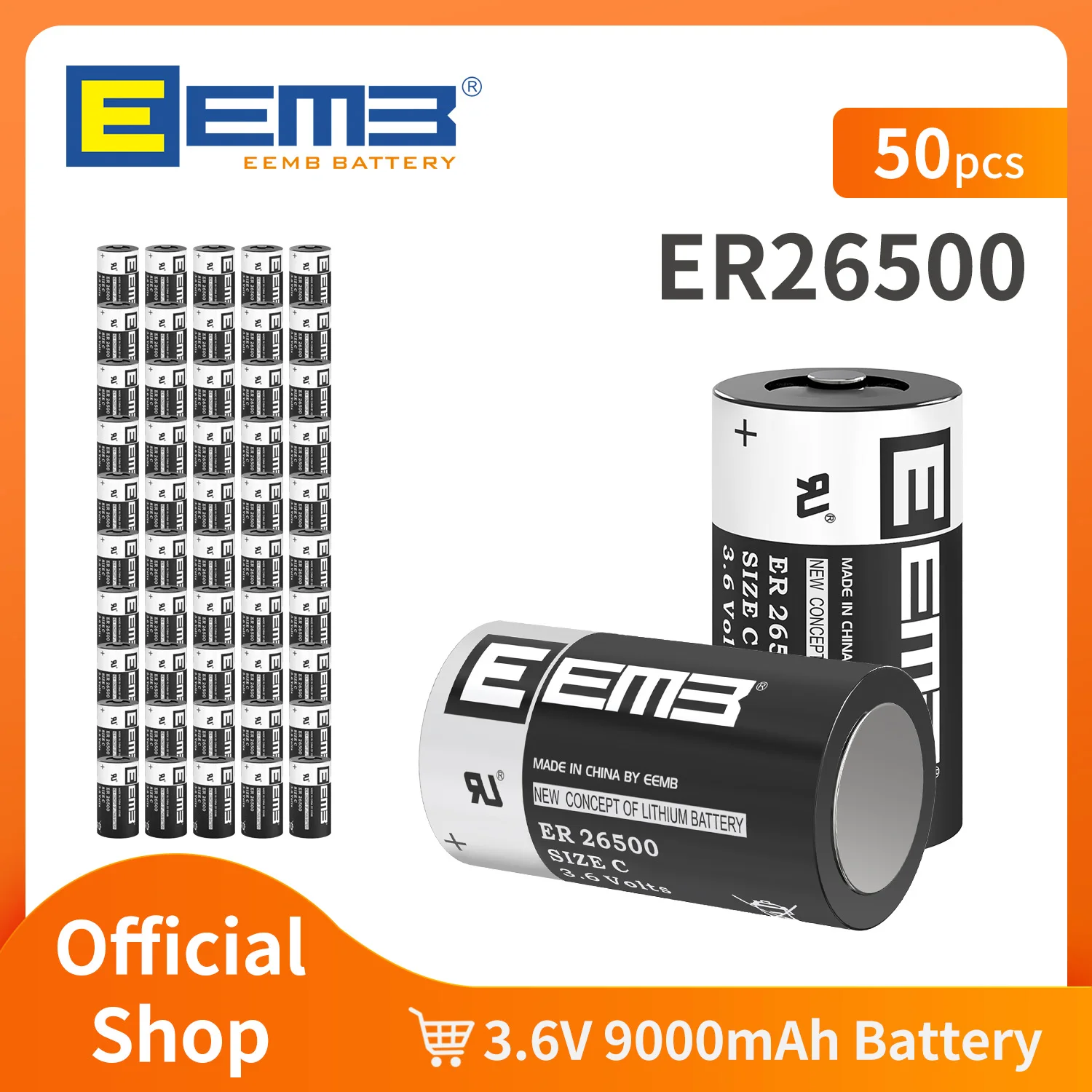 

EEMB 50PCS ER26500 3.6V C Size Lithium Battery Batteries 9000mAh NON-Rechargeable Battery for Water Meter Alarm Home Monitor