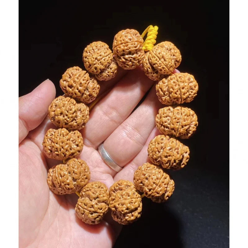 Nepal Five Faces Hot Meat Pattern Big Rudraksha Beads Single Circle Yellow Leather Men and Women Rosary Bracelet