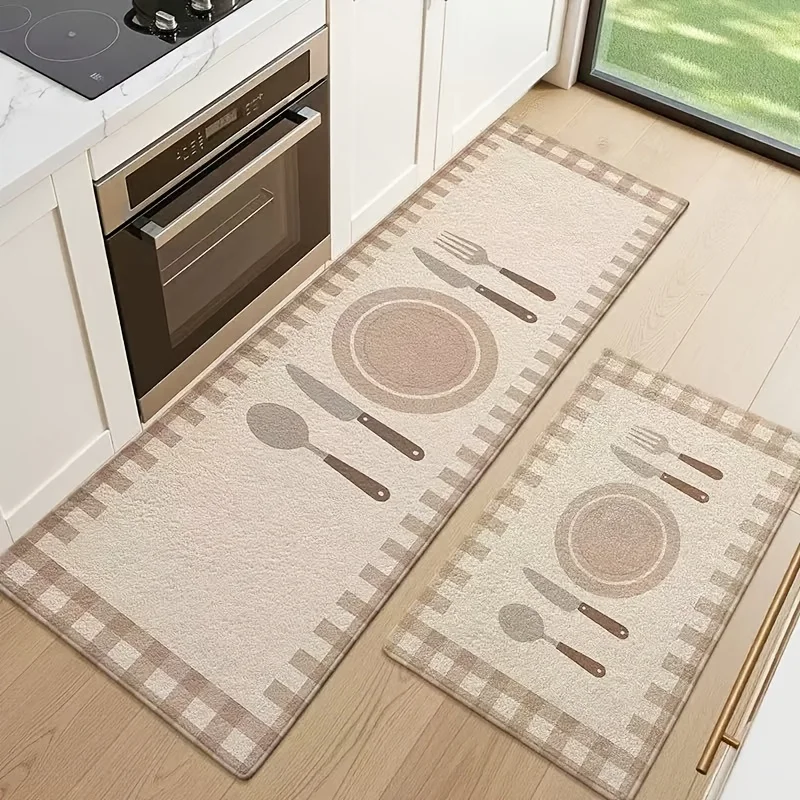 Velvet Kitchen Runner Rug, Non-Slip Soft Floor Mat with Cute Cooking Pattern, Checkerboard Border Standing Pad for Sink Stove