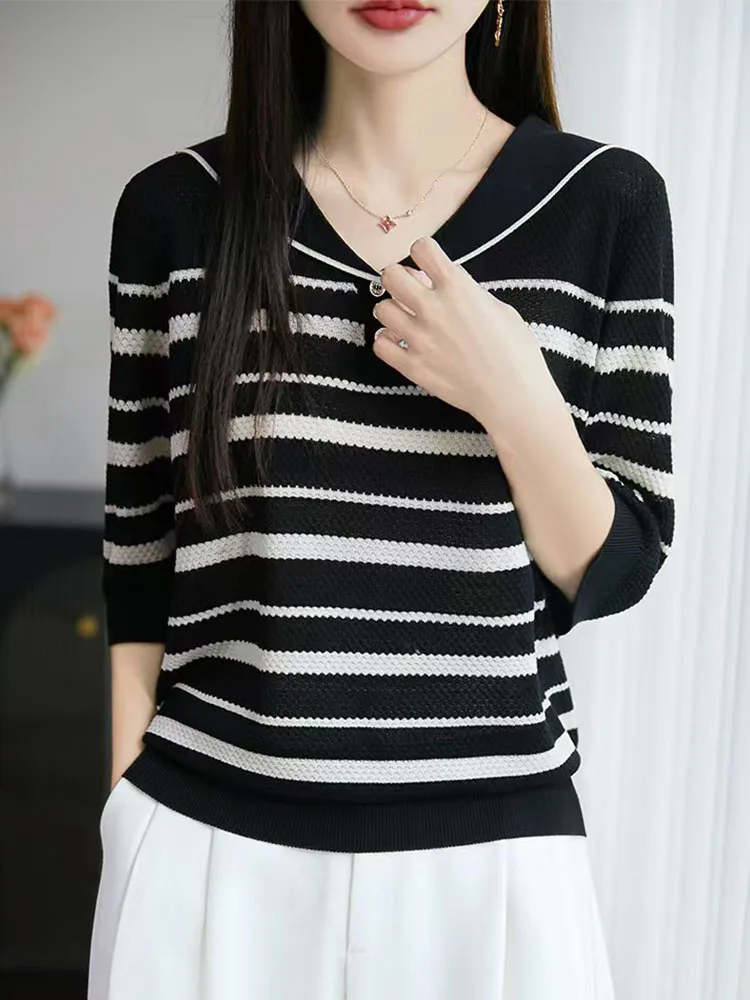 

Новинка 2021, женская футболка из ледяного шелка ort Sve с тонким модным модным молодежным темно-синим воротником f Sve Top в полоску для поездок на работу Sle Lo...