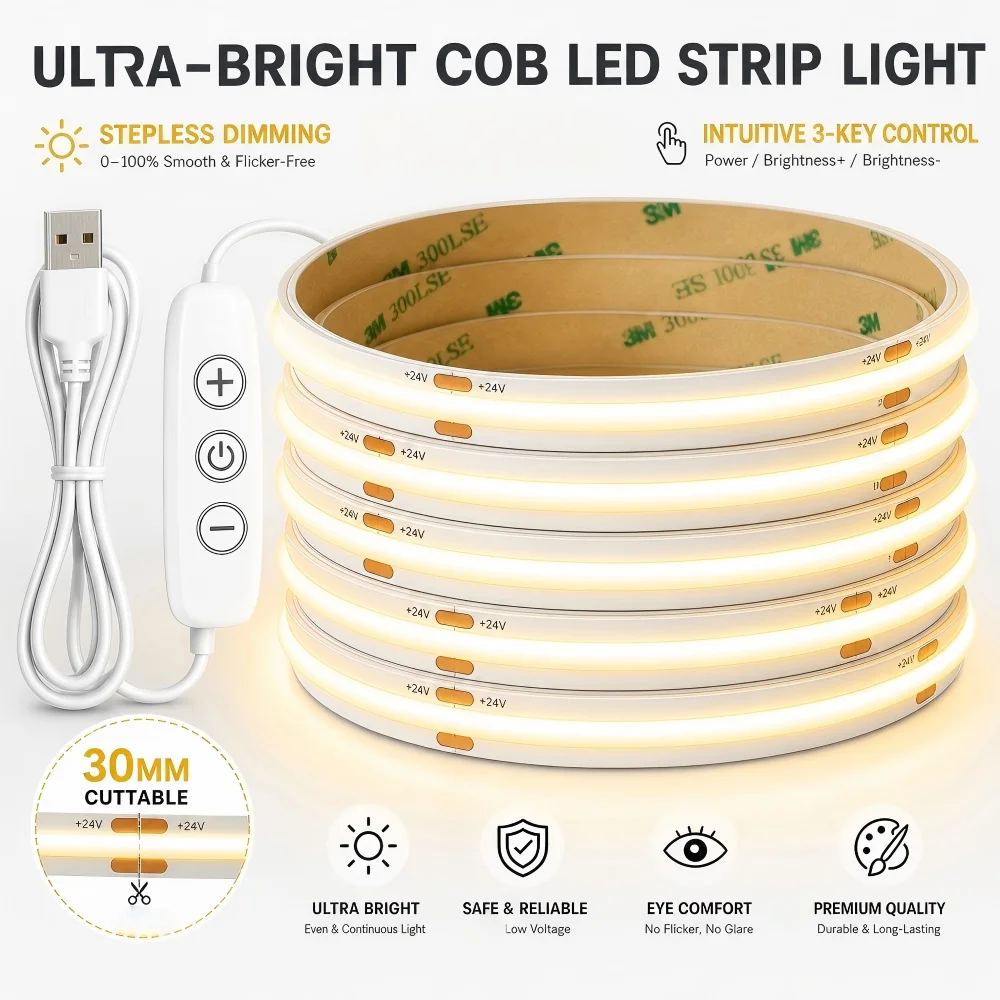 COB LED Strip Light 5V Dimmable USB Flexible LED Tape with ON OFF Switch 320LEDs High Density Linear Lighting Adhesive Tape
