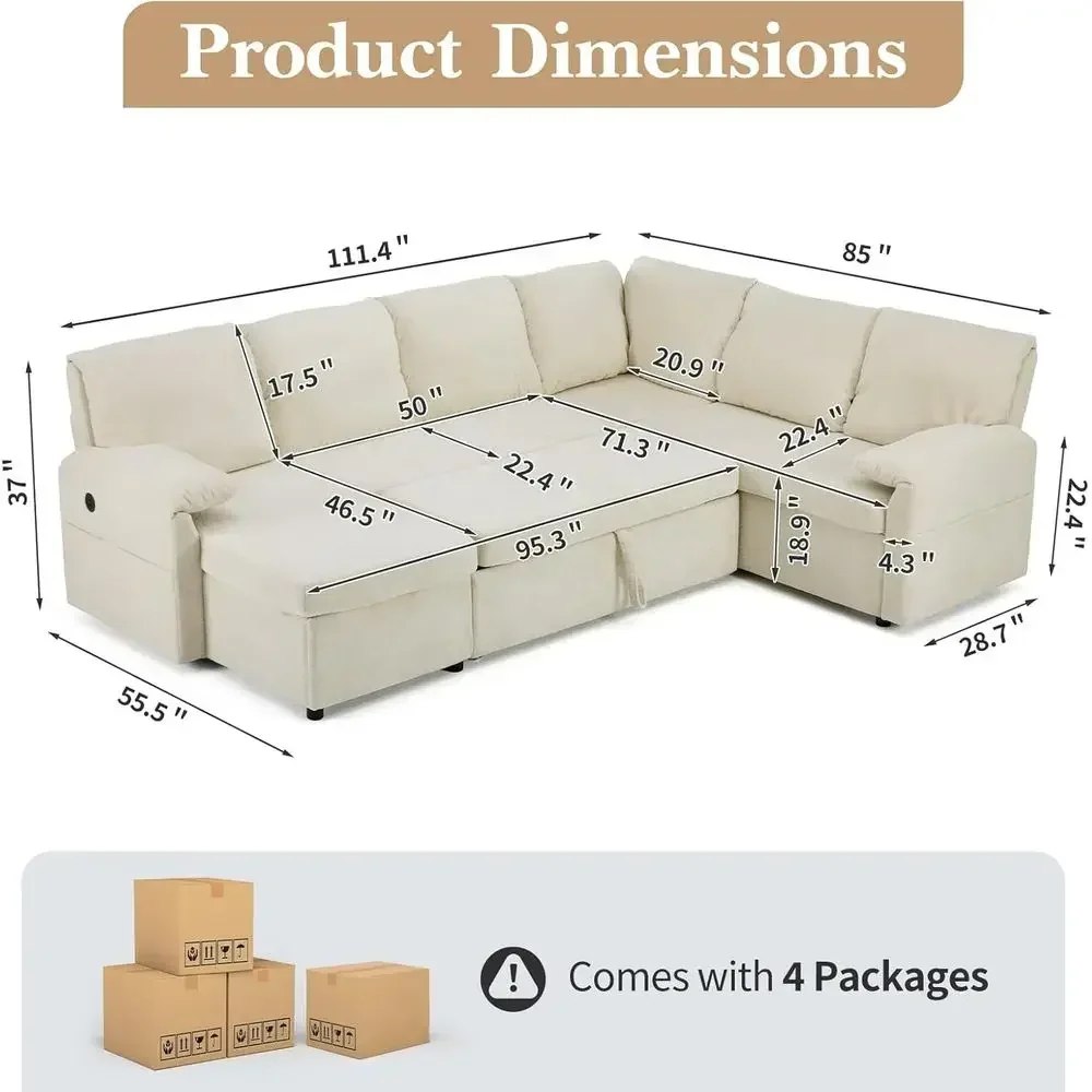 Convertible Sofa Bed with Cloud-Soft Plush Leather, Storage Chaise, USB Ports, and Side Pockets