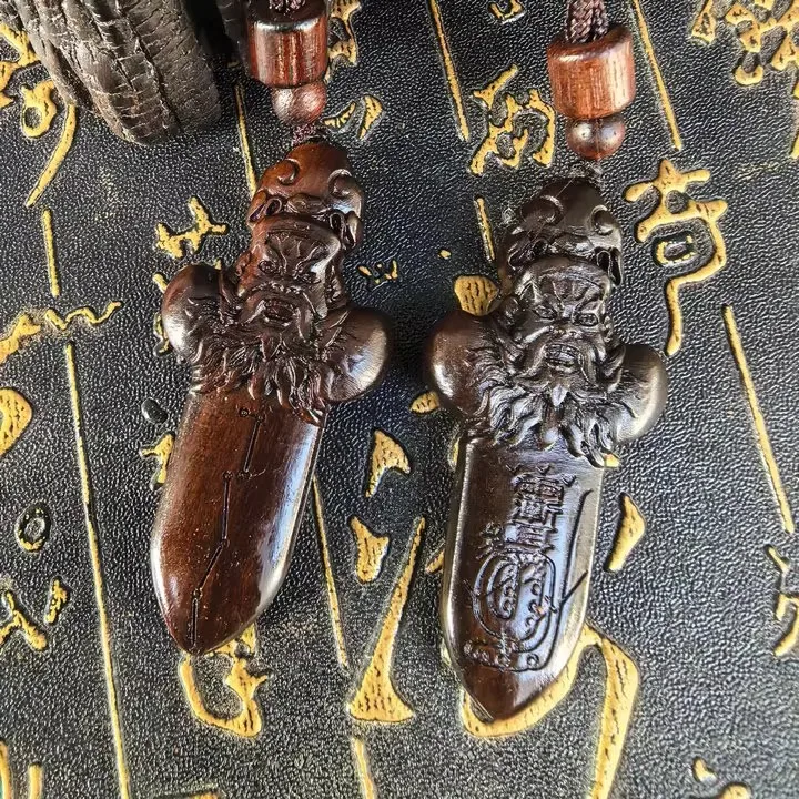 Old wood,relief of Zhong Kui,purple micro taboo golden light curse wooden sword pendant,warding off evil spirits