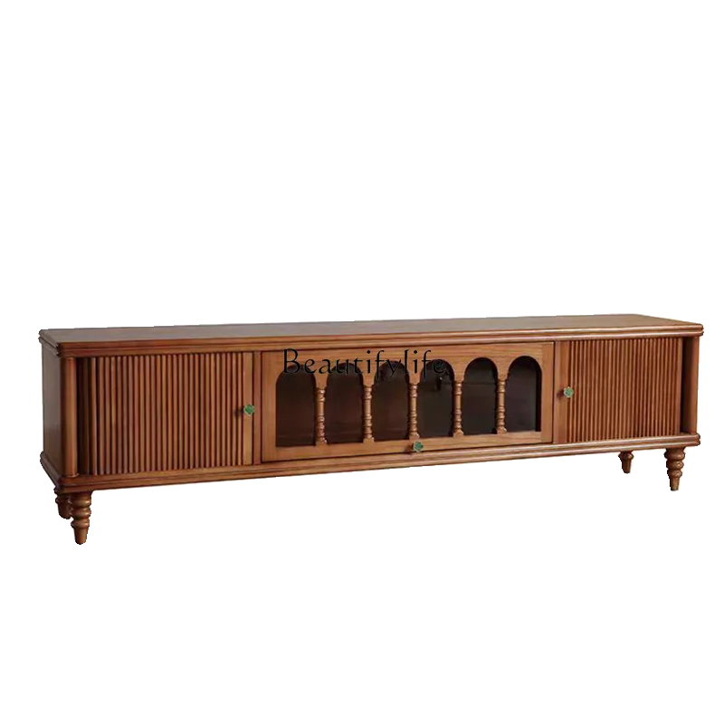 

French compound natural solid wood TV cabinet small apartment movable living room locker