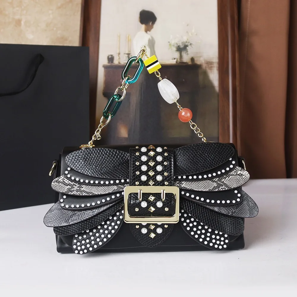 

2026 pearl colored rivet wing bag with leather fashionable bag chain gradient handbag dinner bag dragonfly shoulder bag